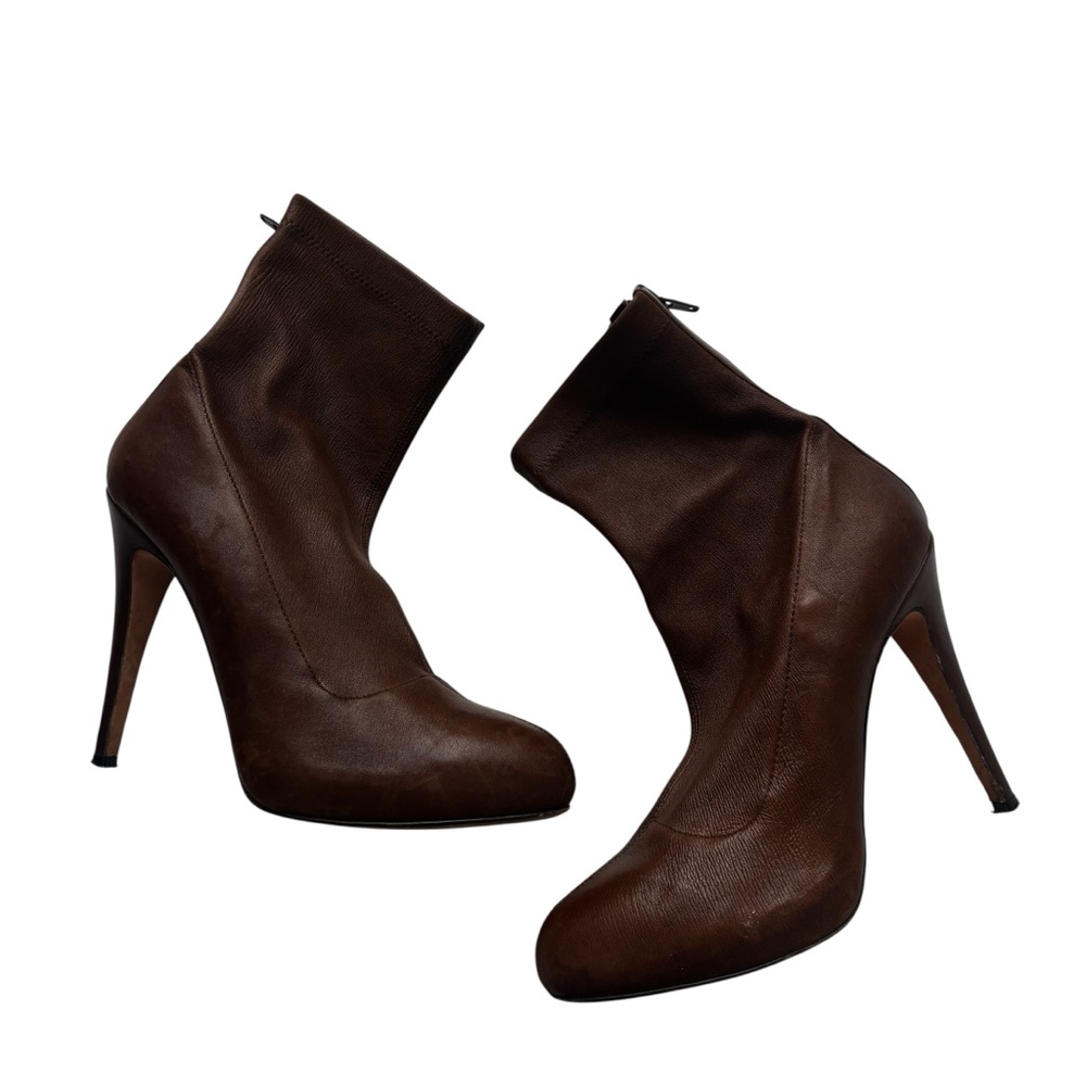 Brian Atwood Brown Leather Ankle Boots Zip Stiletto Women's Size 38 Italy Made